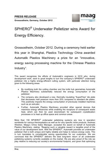 SPHERO Underwater Pelletizer wins Award for Energy ... - Maag