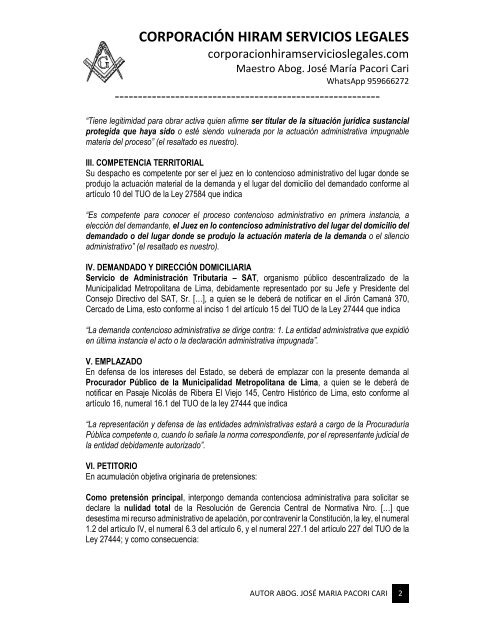 MODELO DEMANDA CONTENCIOSA ADMINISTRATIVA CONTRA EL SAT - AUTOR JOSÉ MARÍA PACORI CARI