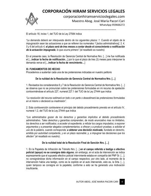 MODELO DEMANDA CONTENCIOSA ADMINISTRATIVA CONTRA EL SAT - AUTOR JOSÉ MARÍA PACORI CARI