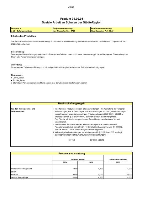 Entwurf des Haushaltsplans 2024: Dezernat V