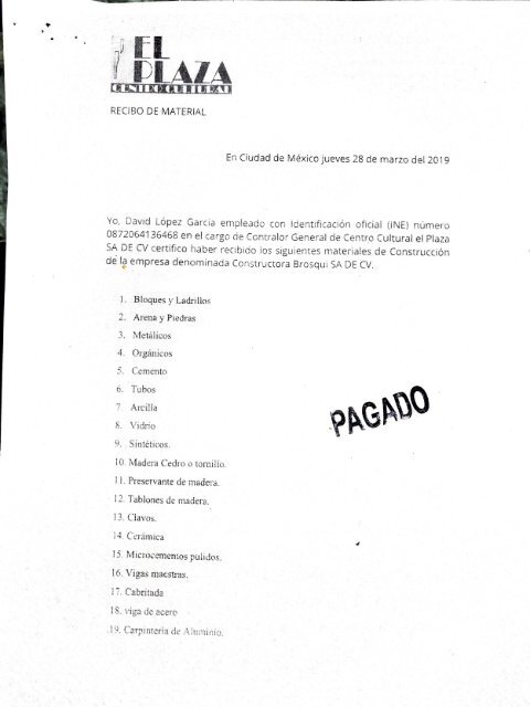 recibo de entrega material de centro cultural el plaza Sa de cv para estacionamiento subterráneo 