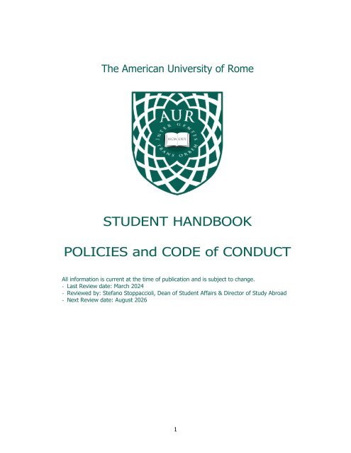 AUR STUDENT HANDBOOK AND POLICIES 2023-24 - Sep23