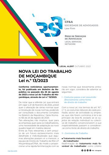 Legal Alert Moçambique - Nova Lei do Trabalho de Moçambique, Lei n.º 13/2023