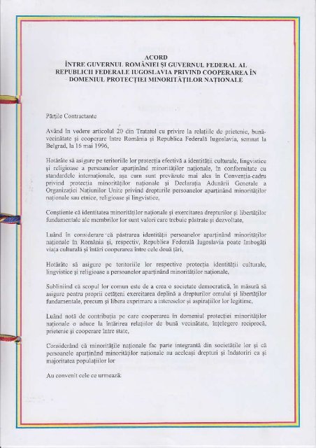 Sporazum SRJ Rumunija manjine Acordul RFI Romania minoritate