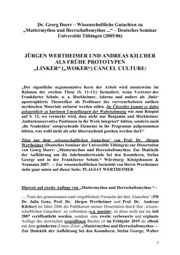 Dr. Georg Doerr: Ad 'Wissenchaftliche Gutachten' (2006) des Deutschen Seminars Tbgn zur Diss. von G. Doerr: Muttermythos und Herrschaftsmythos ...