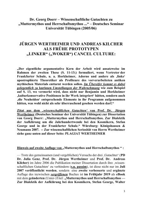 Dr. Georg Doerr: Ad 'Wissenchaftliche Gutachten' (2006) des Deutschen Seminars Tbgn zur Diss. von G. Doerr: Muttermythos und Herrschaftsmythos ...