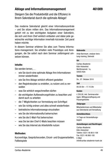 Fort- und Weiterbildung 2010 - Caritas-Akademie Köln