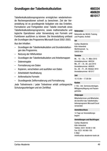 Fort- und Weiterbildung 2010 - Caritas-Akademie Köln