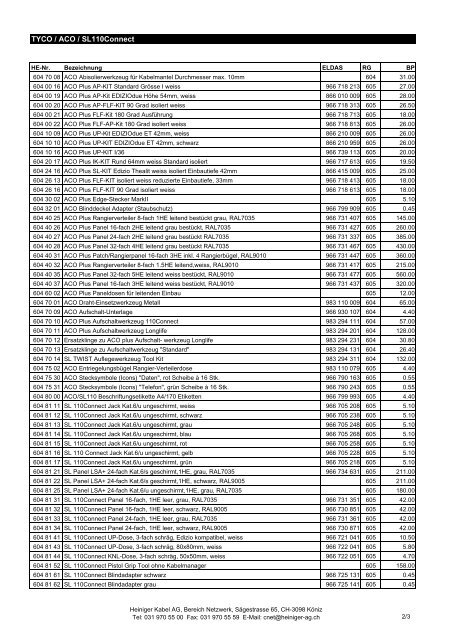 Brutto-Preisliste Tyco - Heiniger Kabel AG