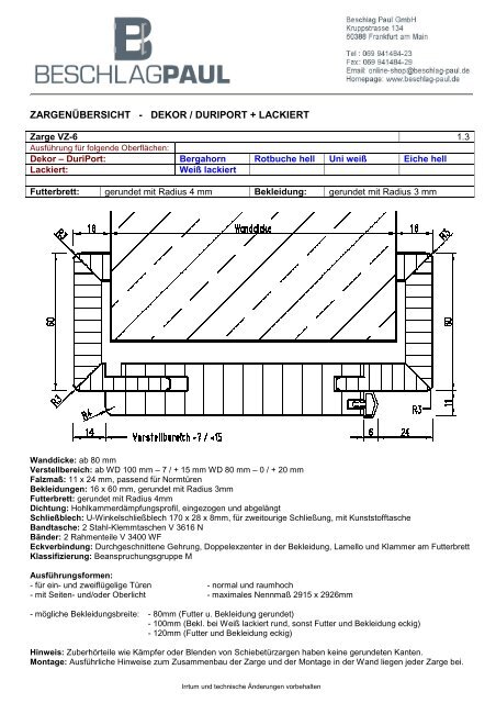 ZARGENÜBERSICHT - DEKOR / DURIPORT + LACKIERT