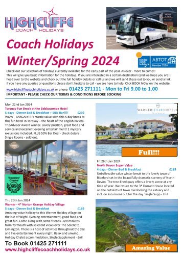 Highcliffe Coach Holidays 2024 - Winter