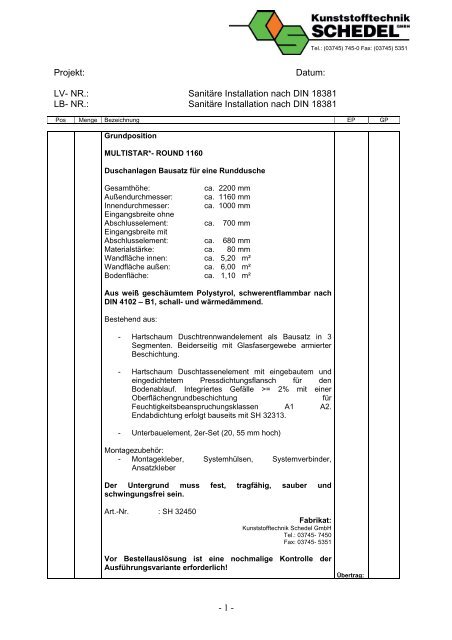 Projekt: Datum: LV- NR.: Sanitäre Installation nach DIN 18381 LB ...