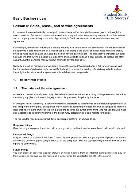 Basic Business Law. Lesson 5. Sales', lease-, and service agreements