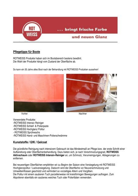 Pflegetipps für Boote Kunststoffe / GfK / Gelcoat - ROTWEISS ...