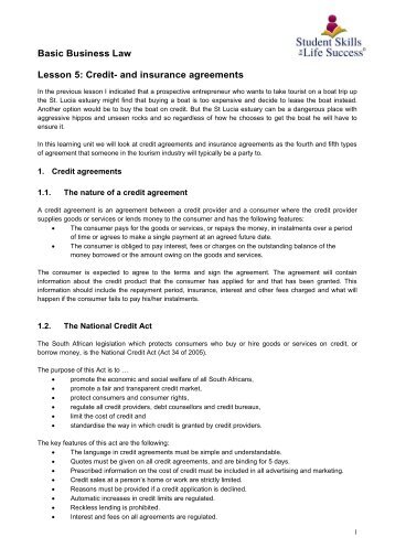 Basic Business Law. Lesson 6. Credit- and insurance agreements