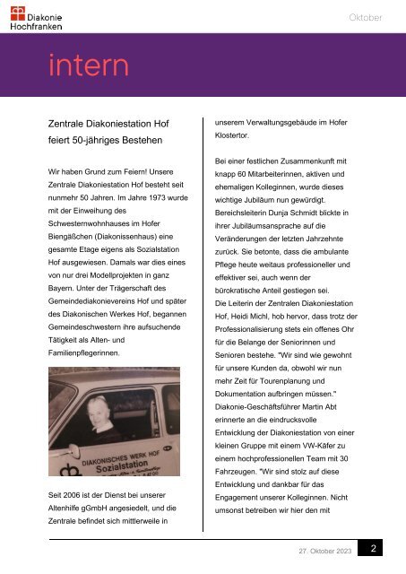 Diakonie Hochfranken - Interner Newsletter Oktober 2023