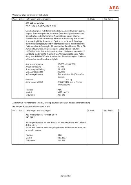 Angebotstexte Wärmespeicher - AEG Haustechnik