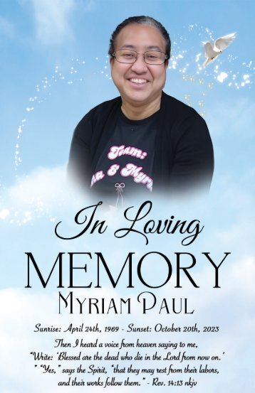 Myriam Paul Memorial Funeral Program by Keepsake Memories 