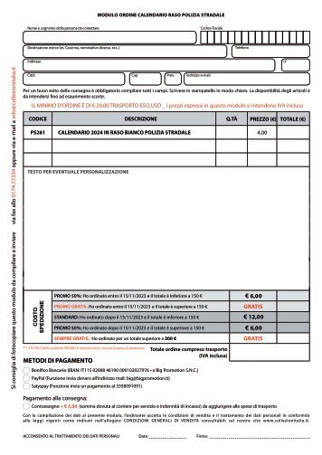 MODULO ORDINE Calendario Raso PS 24