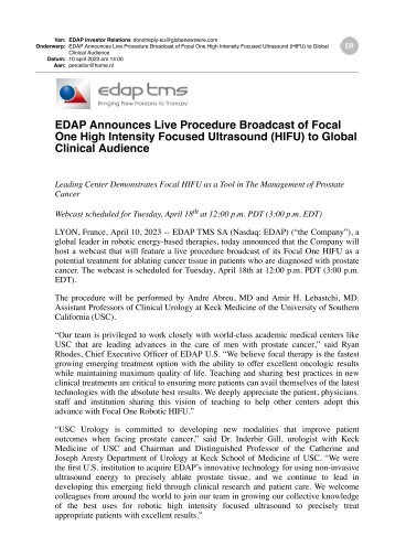 EDAP Announces Live Procedure Broadcast of Focal One High Intensity Focused Ultrasound HIFU to Global Clinical Audience    
