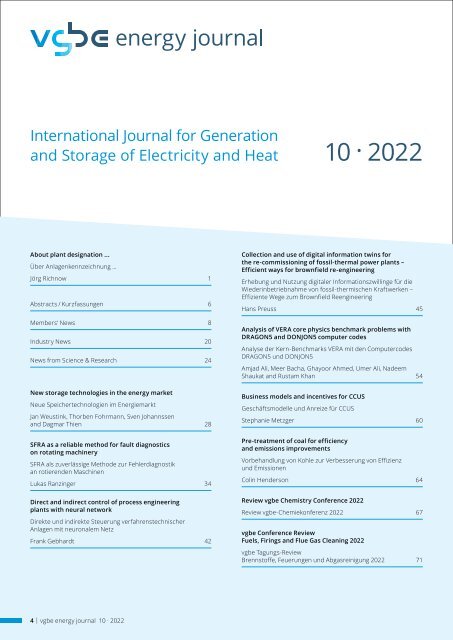 vgbe energy journal 10 (2022) - International Journal for Generation and Storage of Electricity and Heat