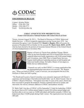 FOR IMMEDIATE RELEASE Contact: Kristine Welter Office ... - CODAC