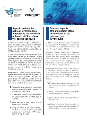 Relevant aspects of the temporary lifting of sanctions on oil, gold and gas in Venezuela