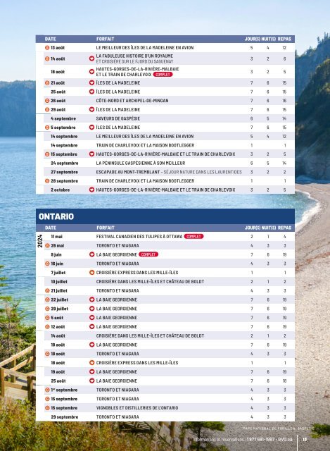 Calendrier des départs 2024-2025 - Forfaits accompagnés