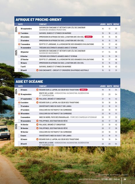 Calendrier des départs 2024-2025 - Forfaits accompagnés