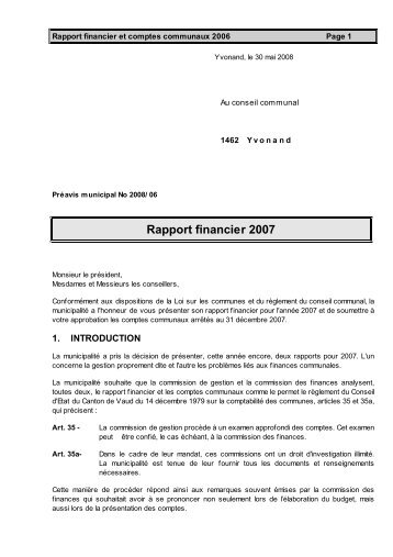 Rapport financier 2007 - Yvonand