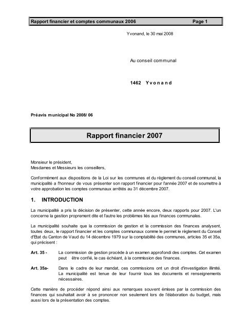 Rapport financier 2007 - Yvonand