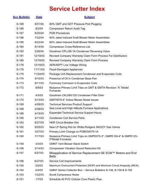 Service Bulletin Index - Johnstone Supply