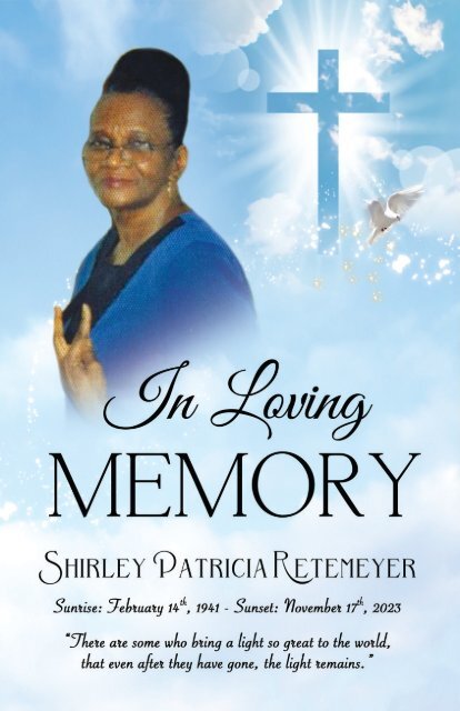 The Digital Memorial Program for Shirley Patricia Retemeyer  proudly presented by Keepsake Memories 