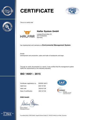 "HALFAR BAGS CERTIFICATIONS" (EN)