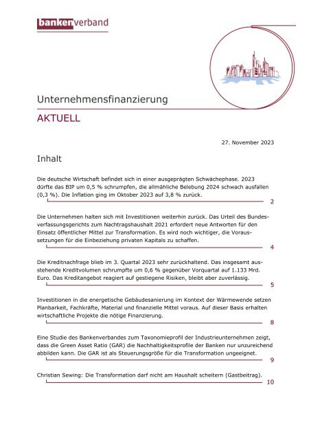Unternehmensfinanzierung AKTUELL - November 2023