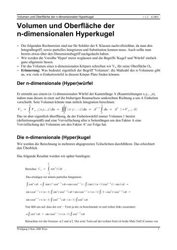 Volumen und Oberfläche der n-dimensionalen Hyperkugel - HIB