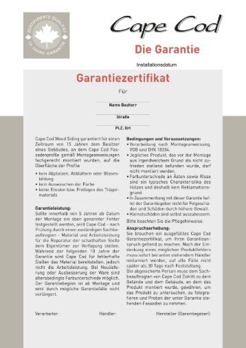 Garantiezertifikat Cape Cod 