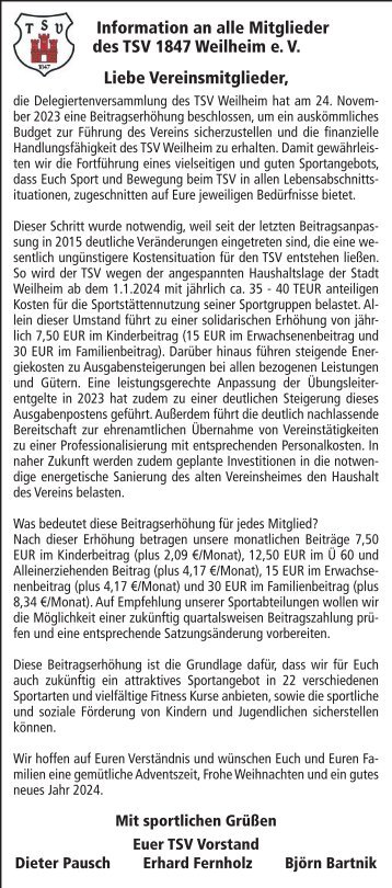 Presseartikel über und vom TSV 1847 Weilheim e.V. 2023