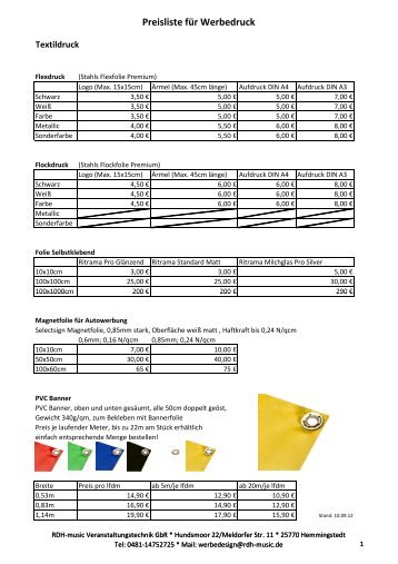 Preisliste für Werbedruck - rdh-music.de