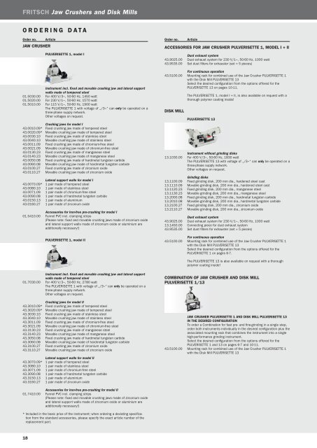 Fritsch Jaw Crushers and Disk Mills (PDF) - John Morris Scientific