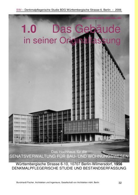 Das Hochhaus der Senatsbauverwaltung in Berlin 1957 - Denkmalpflegerische Studie 2006 BIM - Burckhardt Fischer Architekten