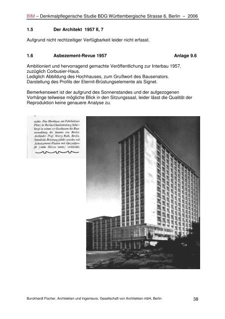 Das Hochhaus der Senatsbauverwaltung in Berlin 1957 - Denkmalpflegerische Studie 2006 BIM - Burckhardt Fischer Architekten