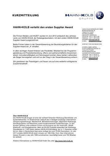 Kurzmitteilung Supplier Award - Hahn +Kolb Werkzeuge GmbH
