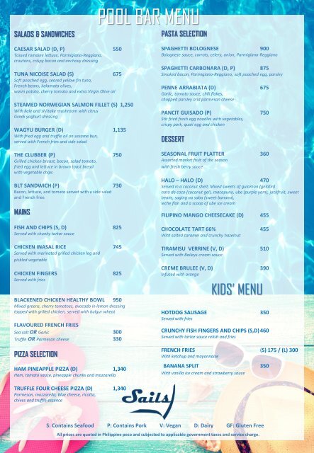 SAILS POOL MENU