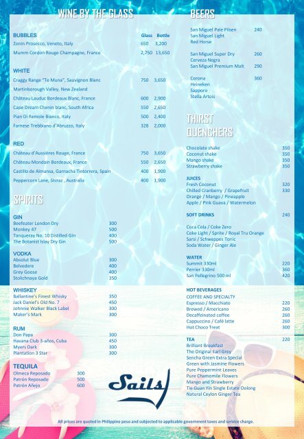 SAILS POOL MENU