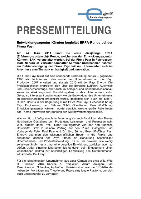 PRESSEMITTEILUNG - Entwicklungsagentur Kärnten