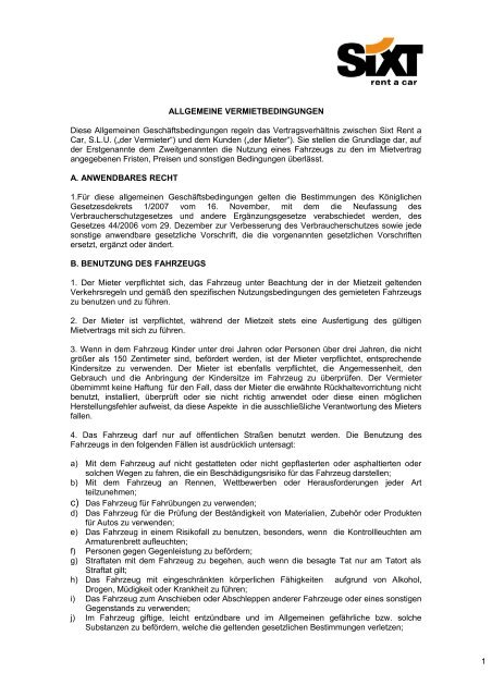 Condiciones Generales De Arrendamiento De Vehiculos Sixt