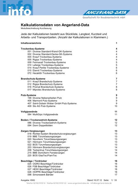 Kalkulationsdaten von Angerland-Data - Angerland Data GmbH