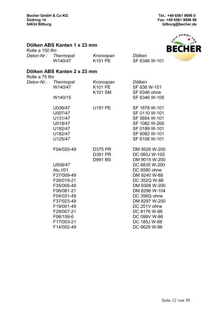 Lagerprogramm der Niederlassung Bitburg - Becher