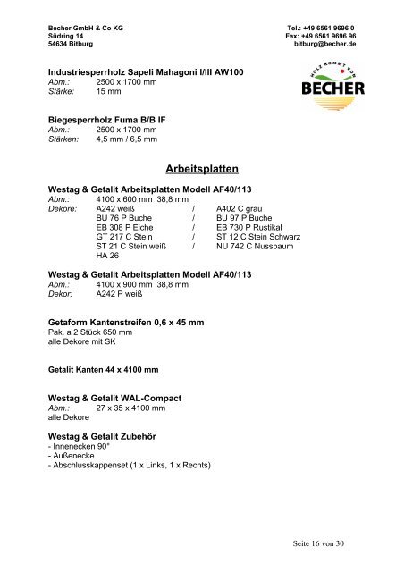 Lagerprogramm der Niederlassung Bitburg - Becher